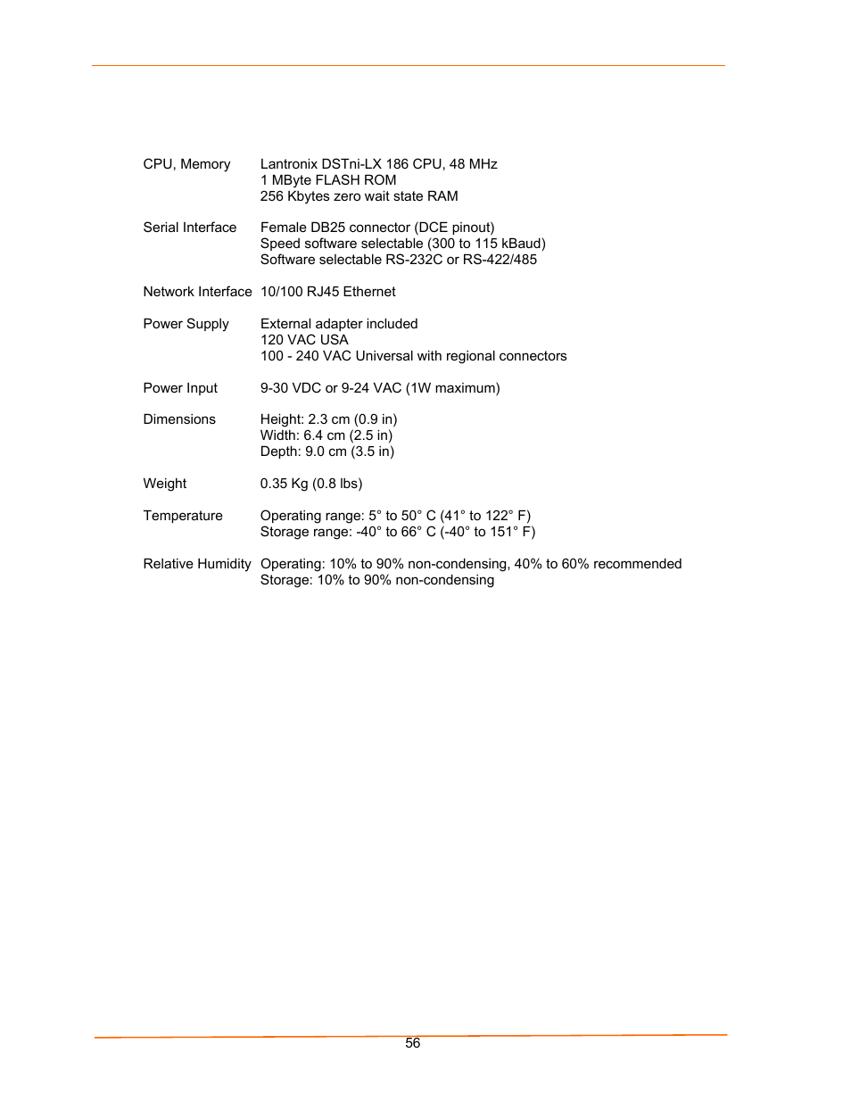 Uds100 technical specifications | Lantronix UDS100 User Manual | Page 56 / 78