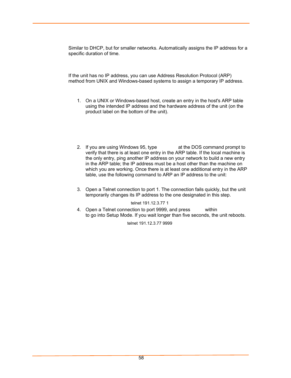 Bootp, Arp and telnet | Lantronix UDS100 User Manual | Page 58 / 78