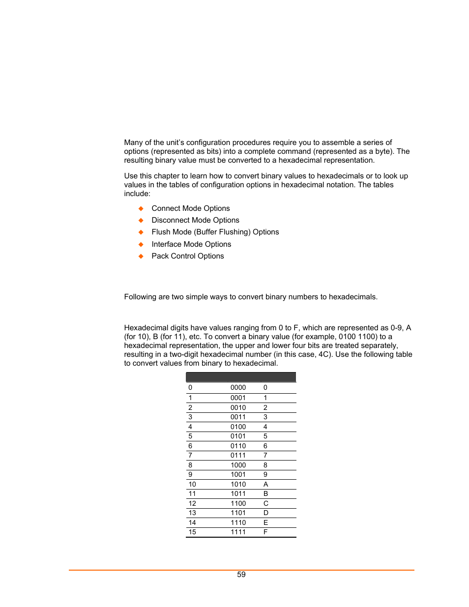 Binary to hexadecimal conversions, Converting binary to hexadecimal, Conversion table | B: binary to hexadecimal conversions, B: binary to, Hexadecimal conversions, B: binary to hexadecimal | Lantronix UDS100 User Manual | Page 59 / 78