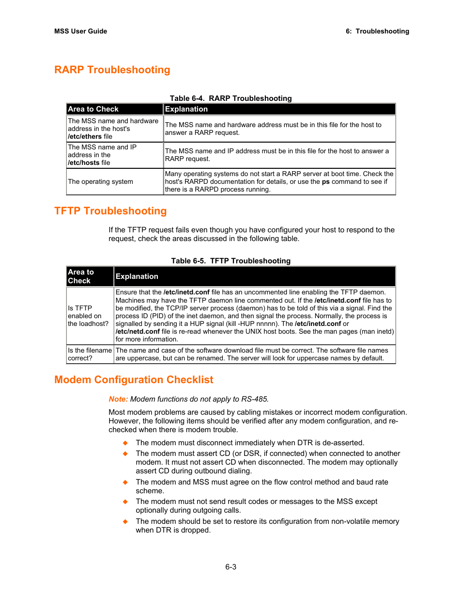 Rarp troubleshooting, Tftp troubleshooting, Modem configuration checklist | Lantronix Hub User Manual | Page 68 / 81