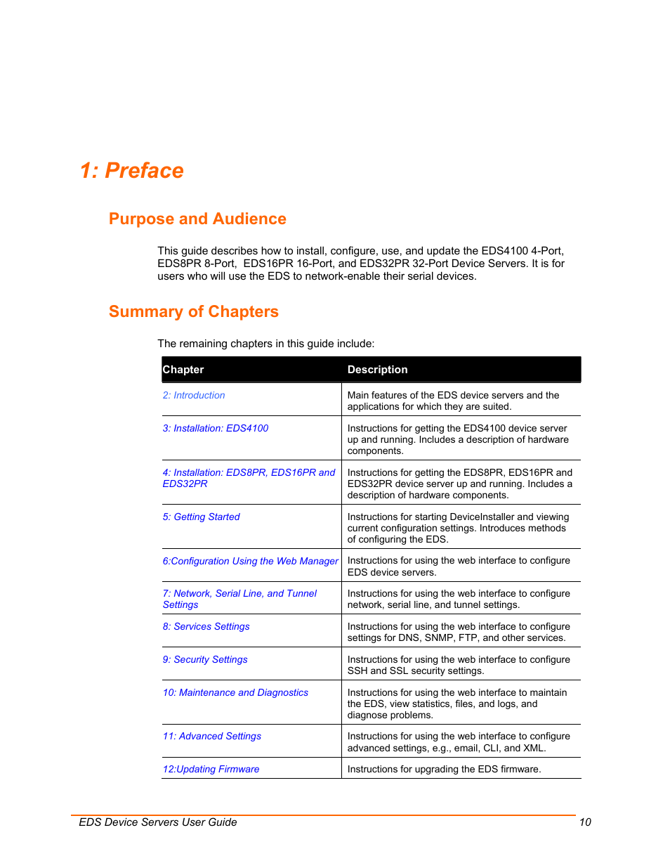 Preface, Purpose and audience, Summary of chapters | Lantronix Data Center-Grade Evolution Device Server EDS32PR User Manual | Page 10 / 158