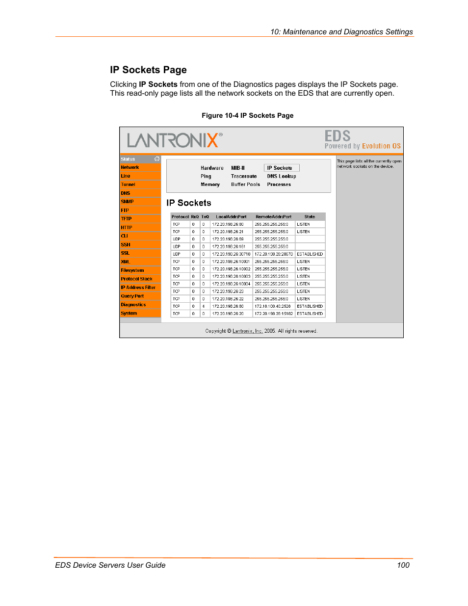 Ip sockets page | Lantronix Data Center-Grade Evolution Device Server EDS32PR User Manual | Page 100 / 158