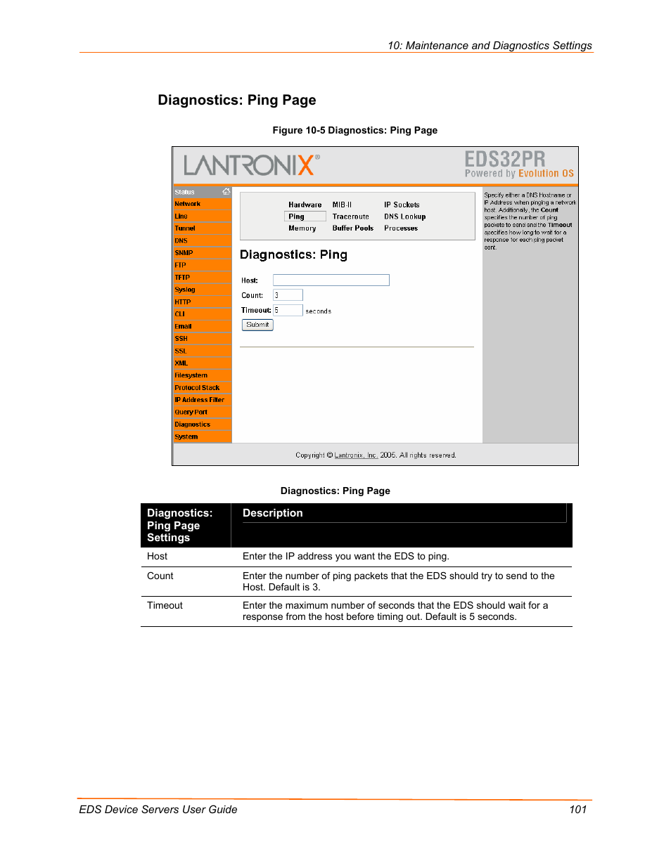 Diagnostics: ping page | Lantronix Data Center-Grade Evolution Device Server EDS32PR User Manual | Page 101 / 158