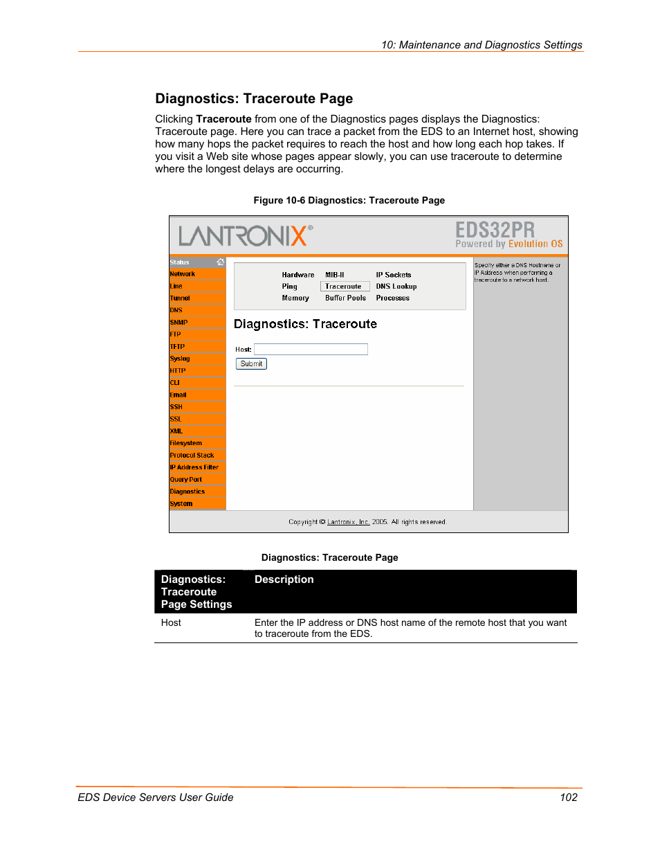 Diagnostics: traceroute page | Lantronix Data Center-Grade Evolution Device Server EDS32PR User Manual | Page 102 / 158