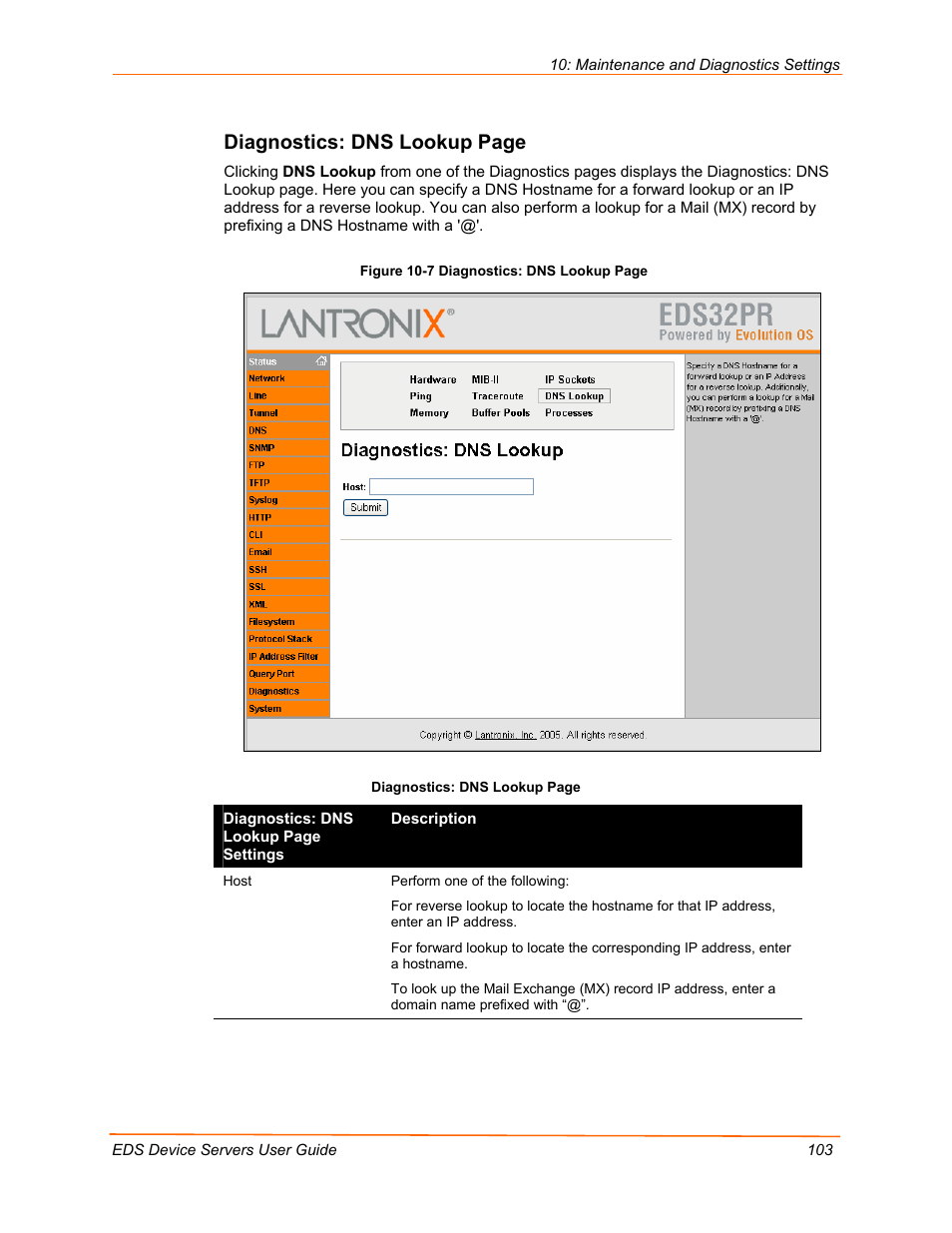 Diagnostics: dns lookup page | Lantronix Data Center-Grade Evolution Device Server EDS32PR User Manual | Page 103 / 158