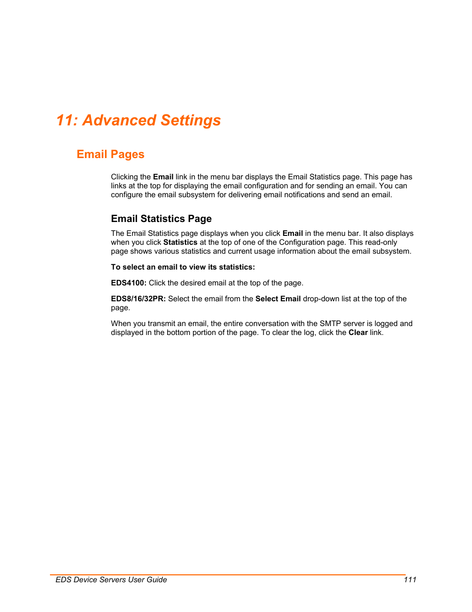 Advanced settings, Email pages | Lantronix Data Center-Grade Evolution Device Server EDS32PR User Manual | Page 111 / 158