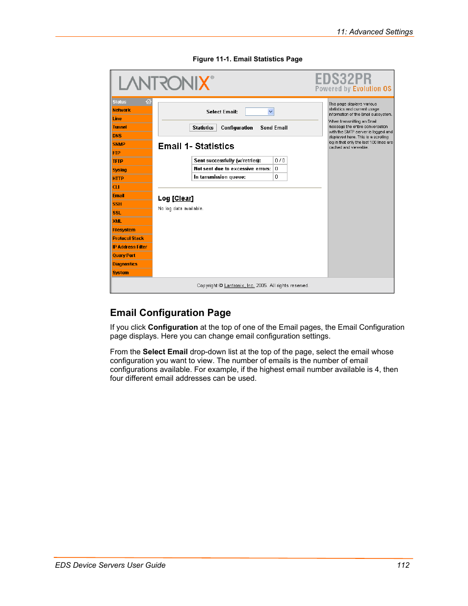 Email configuration page | Lantronix Data Center-Grade Evolution Device Server EDS32PR User Manual | Page 112 / 158