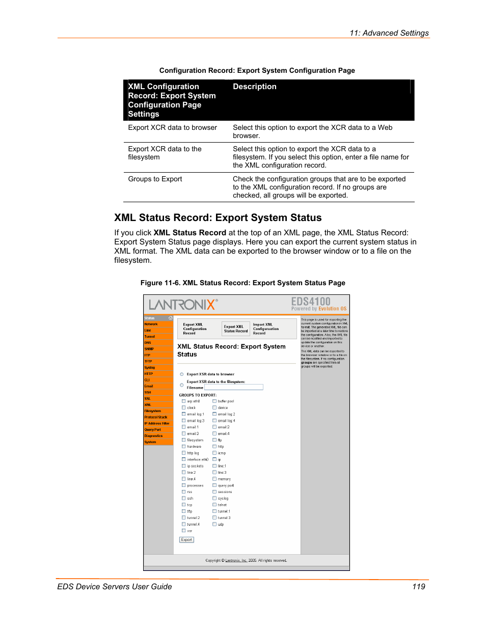 Xml status record: export system status | Lantronix Data Center-Grade Evolution Device Server EDS32PR User Manual | Page 119 / 158