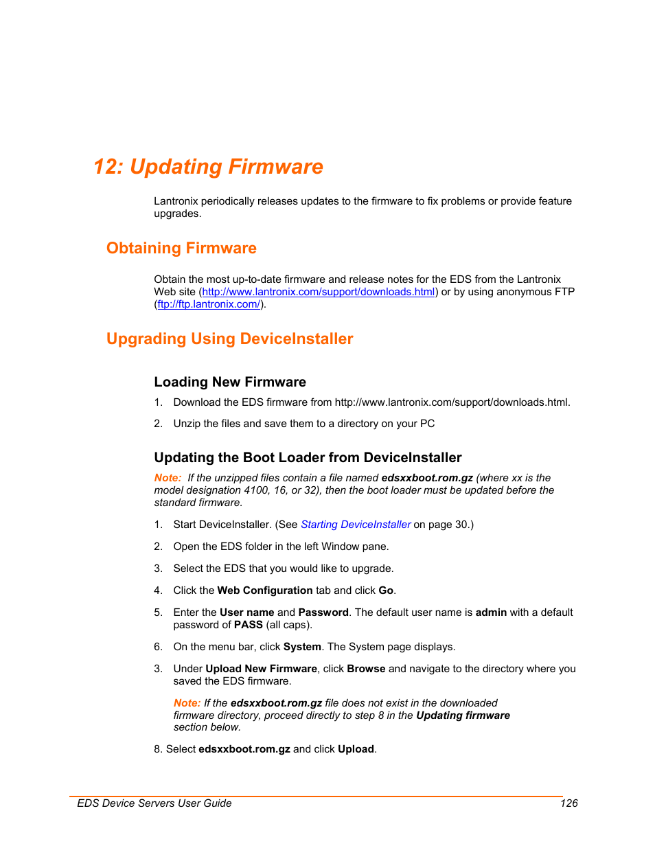 Updating firmware, Obtaining firmware, Upgrading using deviceinstaller | Loading new firmware, Updating the boot loader from deviceinstaller | Lantronix Data Center-Grade Evolution Device Server EDS32PR User Manual | Page 126 / 158