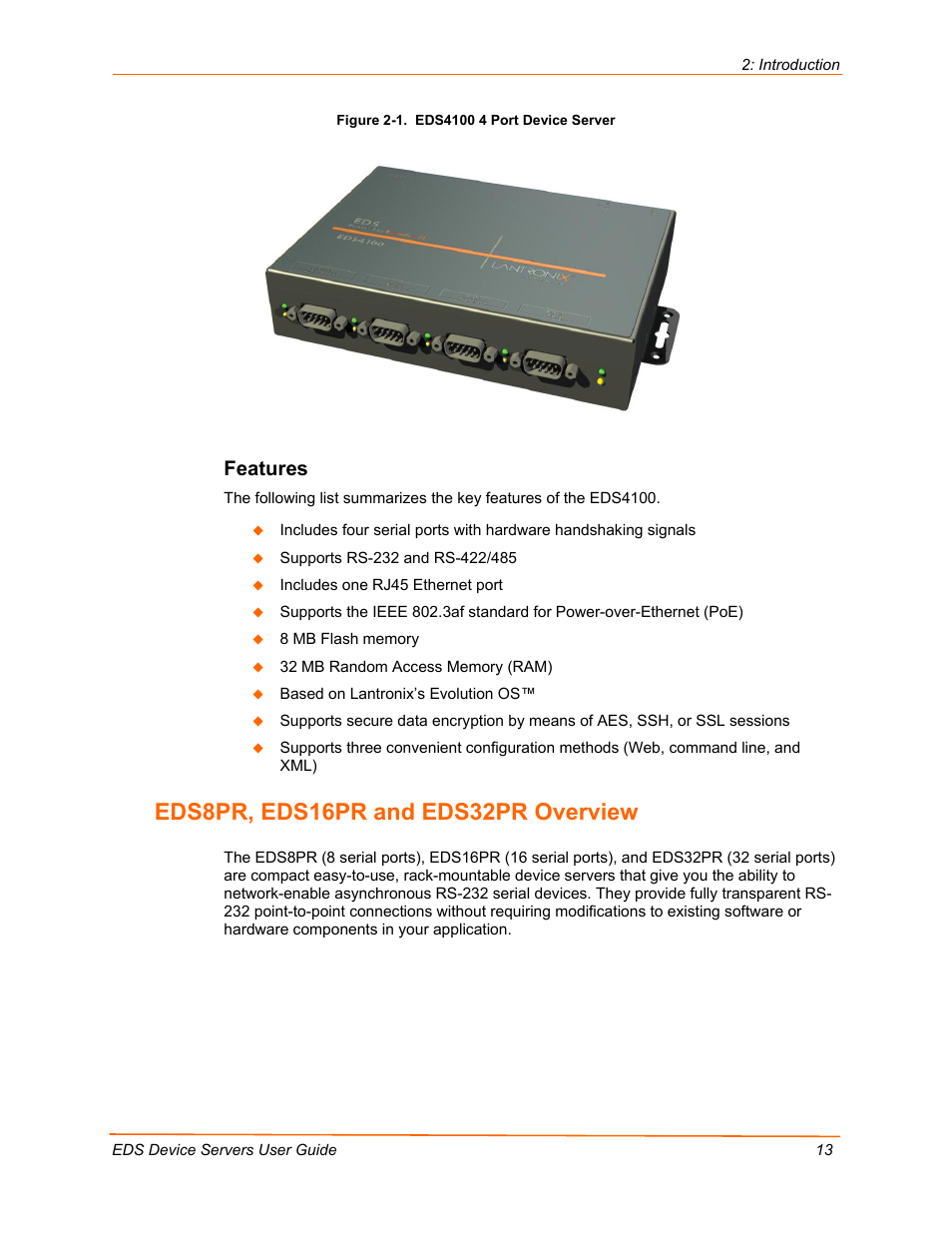 Eds8pr, eds16pr and eds32pr overview, Features, Figure 2-1. eds4100 4 port device server | Lantronix Data Center-Grade Evolution Device Server EDS32PR User Manual | Page 13 / 158