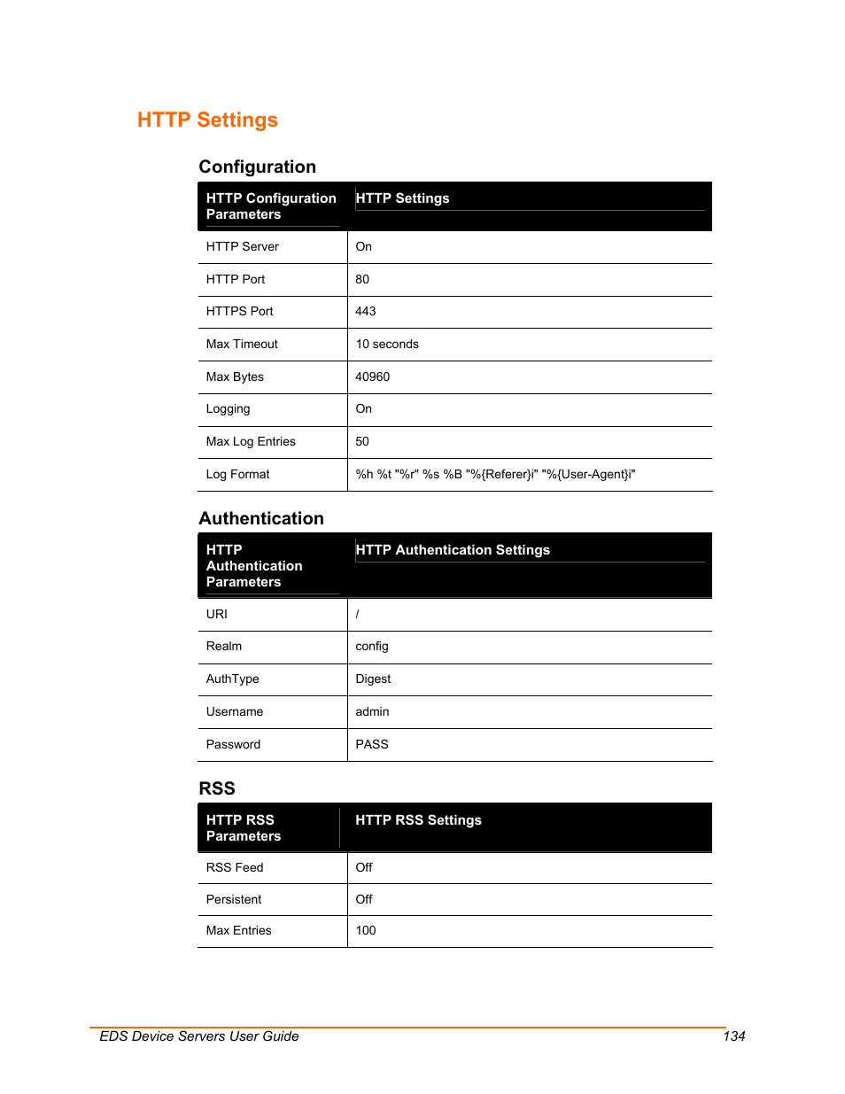 Http settings, Configuration, Authentication | Lantronix Data Center-Grade Evolution Device Server EDS32PR User Manual | Page 134 / 158