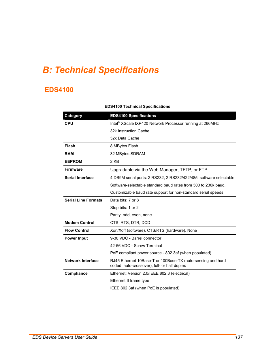 Technical specifications, Eds4100, B: technical specifications | Lantronix Data Center-Grade Evolution Device Server EDS32PR User Manual | Page 137 / 158