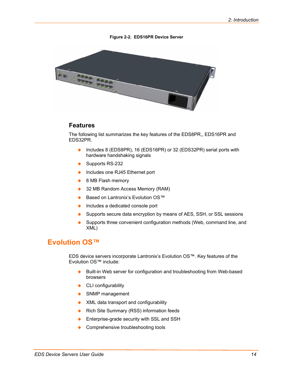 Evolution os, Features, Figure 2-2. eds16pr device server | Lantronix Data Center-Grade Evolution Device Server EDS32PR User Manual | Page 14 / 158