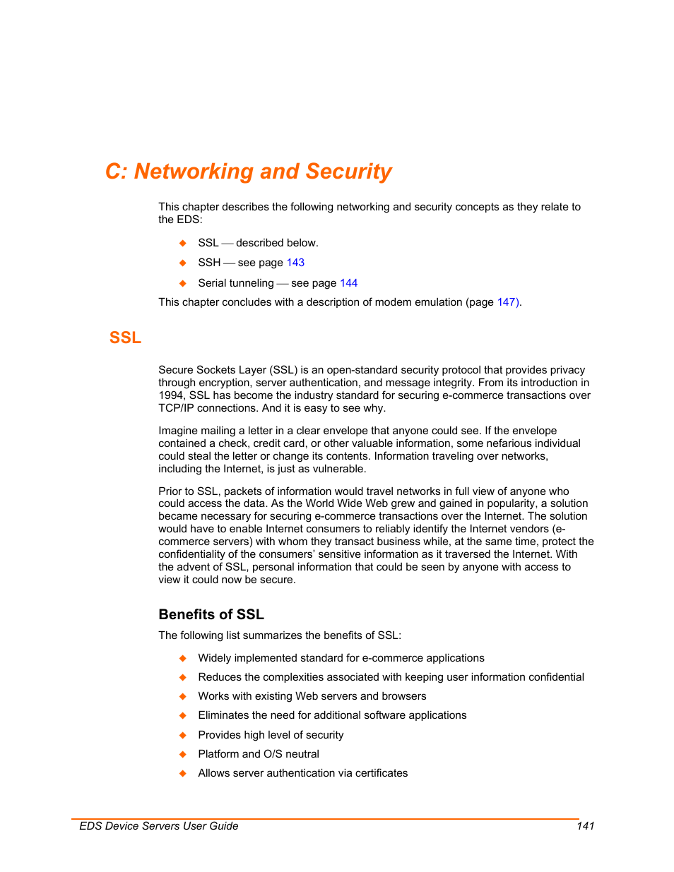 Networking and security, C: networking and security, Benefits of ssl | A: f, On pa | Lantronix Data Center-Grade Evolution Device Server EDS32PR User Manual | Page 141 / 158