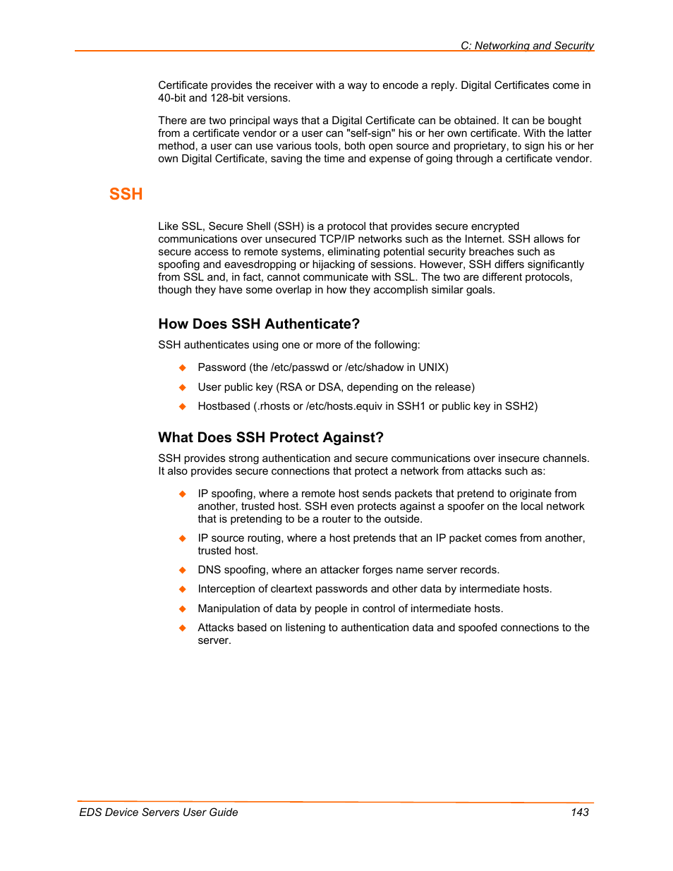 How does ssh authenticate, What does ssh protect against, On p | Lantronix Data Center-Grade Evolution Device Server EDS32PR User Manual | Page 143 / 158