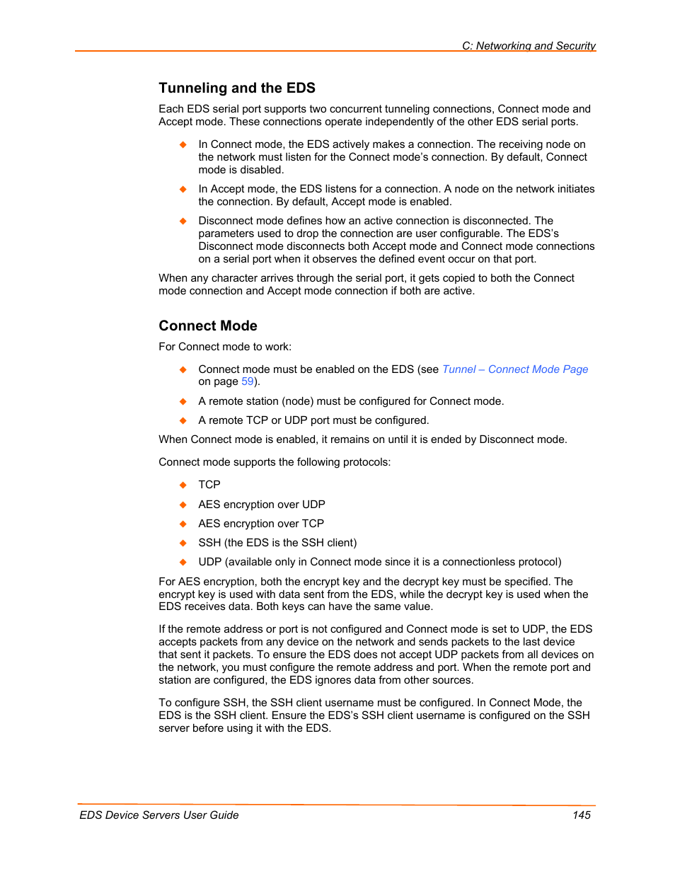 Tunneling and the eds, Connect mode, De, see | Lantronix Data Center-Grade Evolution Device Server EDS32PR User Manual | Page 145 / 158