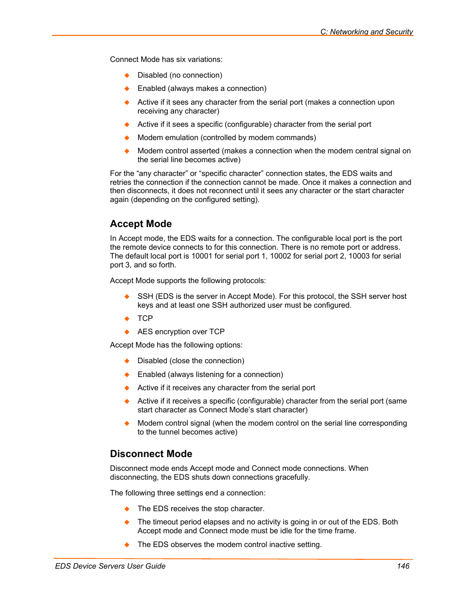 Accept mode, Disconnect mode, On p | Lantronix Data Center-Grade Evolution Device Server EDS32PR User Manual | Page 146 / 158