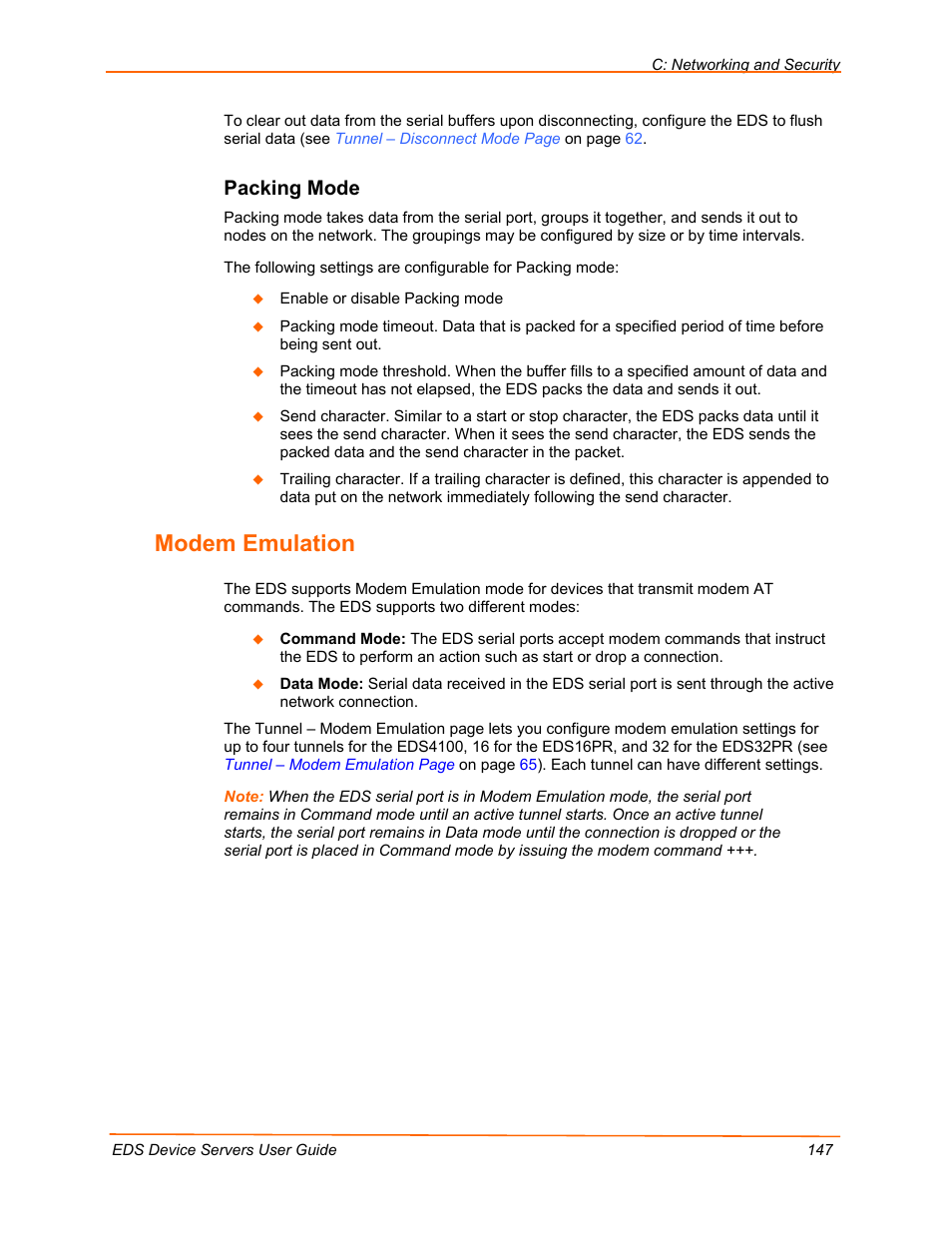 Modem emulation, Packing mode, On p | Lantronix Data Center-Grade Evolution Device Server EDS32PR User Manual | Page 147 / 158