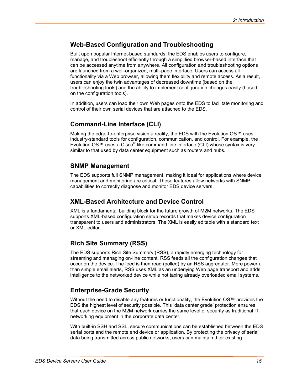 Web-based configuration and troubleshooting, Command-line interface (cli), Snmp management | Xml-based architecture and device control, Rich site summary (rss), Enterprise-grade security | Lantronix Data Center-Grade Evolution Device Server EDS32PR User Manual | Page 15 / 158