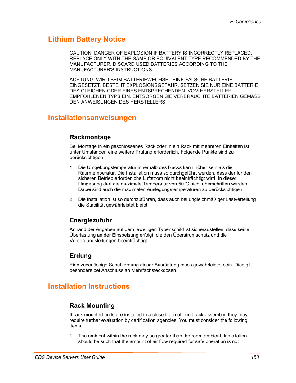 Lithium battery notice, Installationsanweisungen, Installation instructions | Rackmontage, Energiezufuhr, Erdung, Rack mounting | Lantronix Data Center-Grade Evolution Device Server EDS32PR User Manual | Page 153 / 158