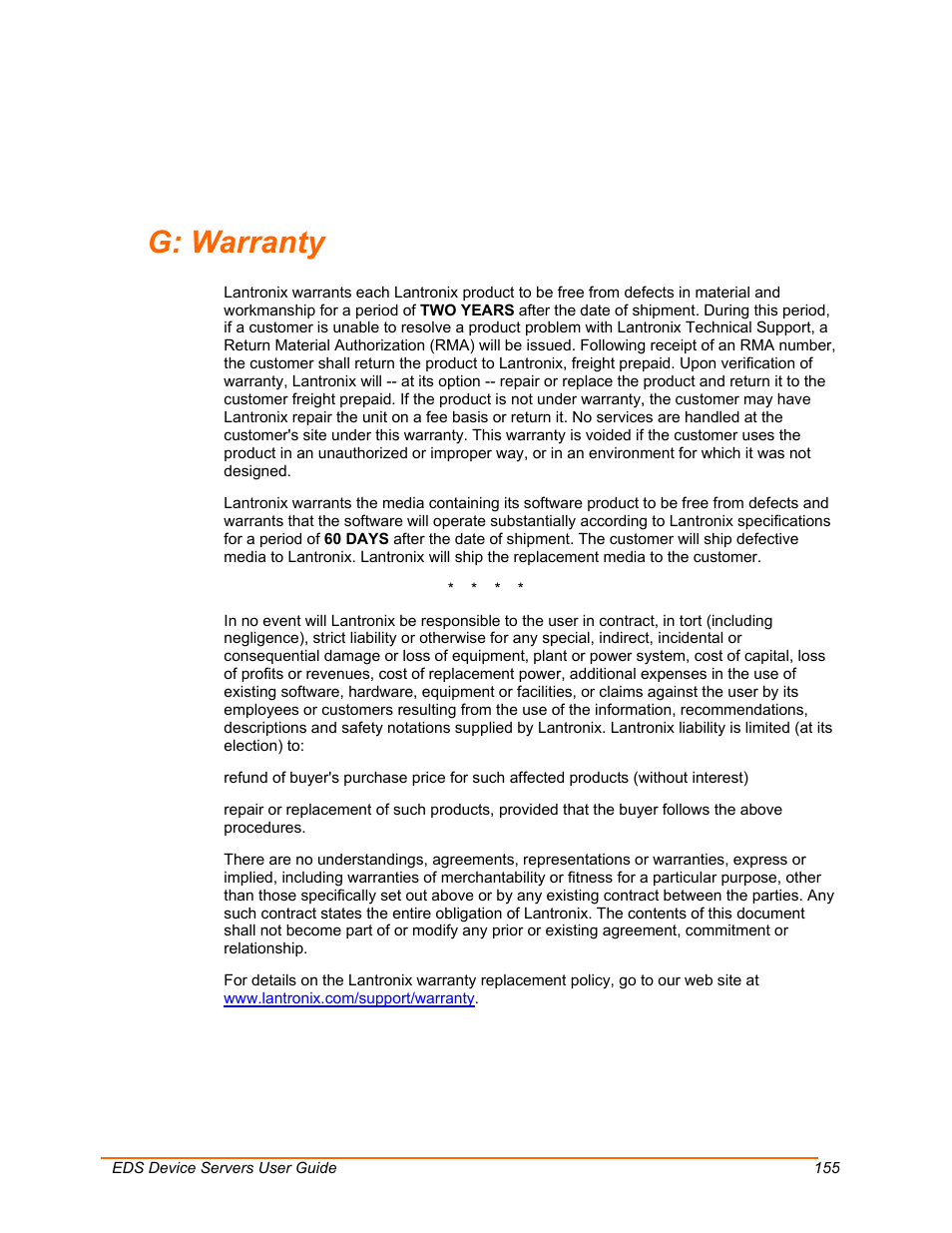 Warranty, G: warranty, G:warranty | Lantronix Data Center-Grade Evolution Device Server EDS32PR User Manual | Page 155 / 158
