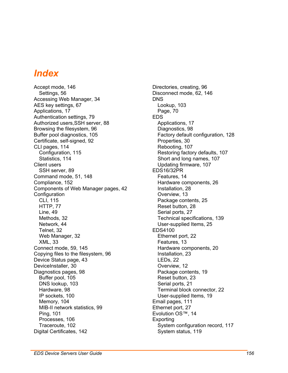 Index, Index 156 | Lantronix Data Center-Grade Evolution Device Server EDS32PR User Manual | Page 156 / 158