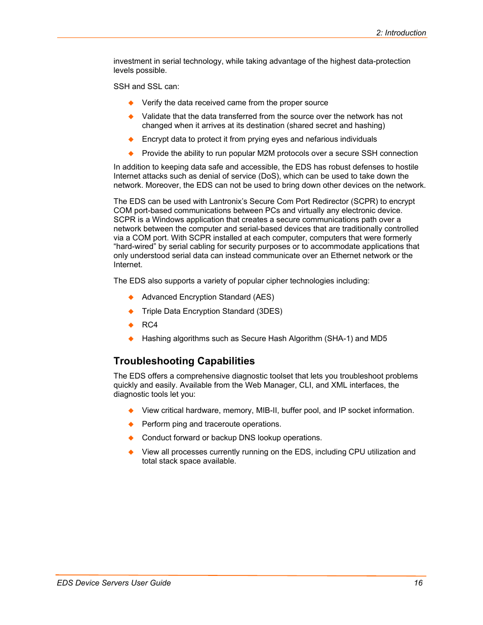 Troubleshooting capabilities | Lantronix Data Center-Grade Evolution Device Server EDS32PR User Manual | Page 16 / 158