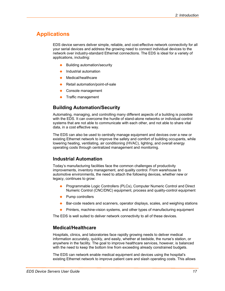 Applications, Building automation/security, Industrial automation | Medical/healthcare | Lantronix Data Center-Grade Evolution Device Server EDS32PR User Manual | Page 17 / 158