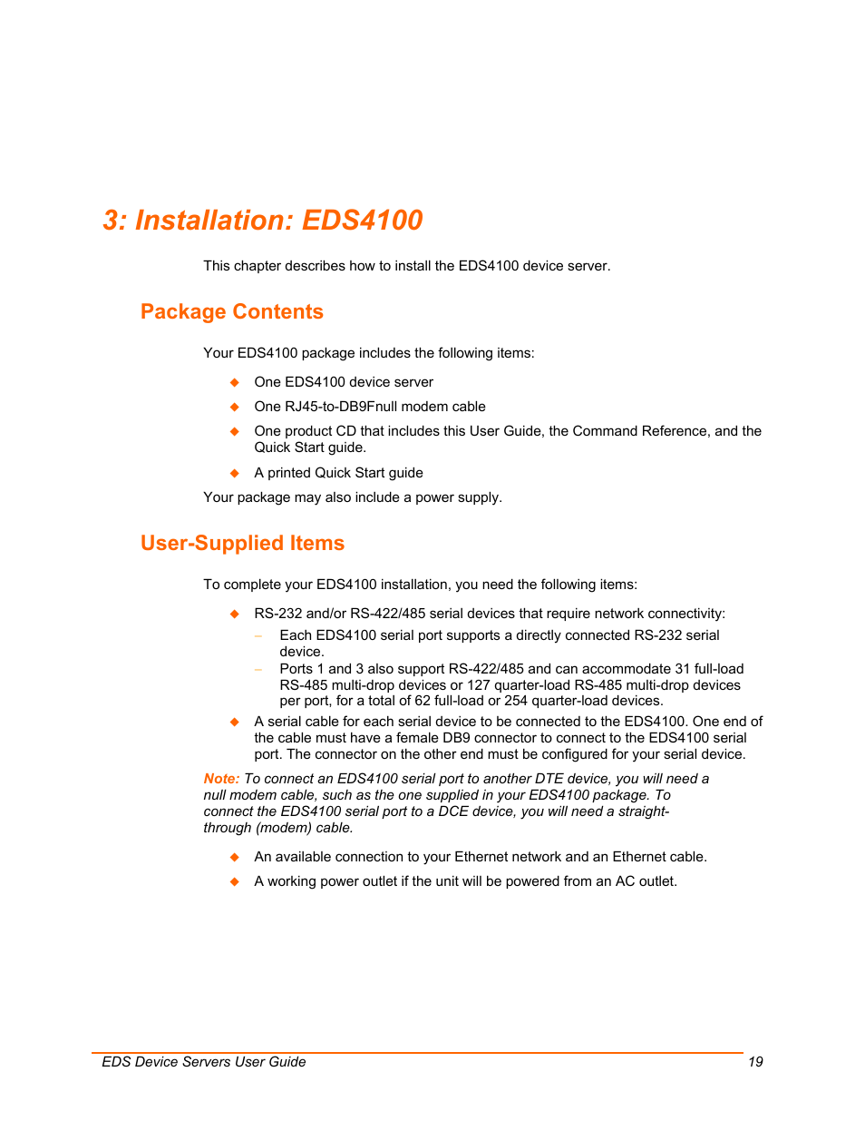 Installation: eds4100, Package contents, User-supplied items | Lantronix Data Center-Grade Evolution Device Server EDS32PR User Manual | Page 19 / 158
