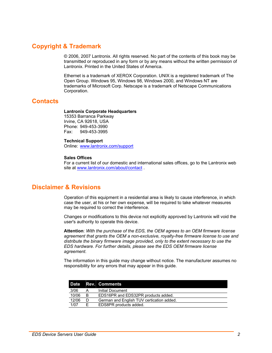 Copyright & trademark, Contacts, Disclaimer & revisions | Lantronix Data Center-Grade Evolution Device Server EDS32PR User Manual | Page 2 / 158