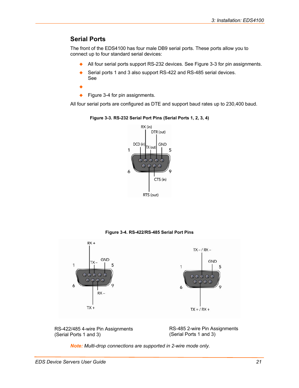 Serial ports, Figure 3-4. rs-422/rs-485 serial port pins | Lantronix Data Center-Grade Evolution Device Server EDS32PR User Manual | Page 21 / 158