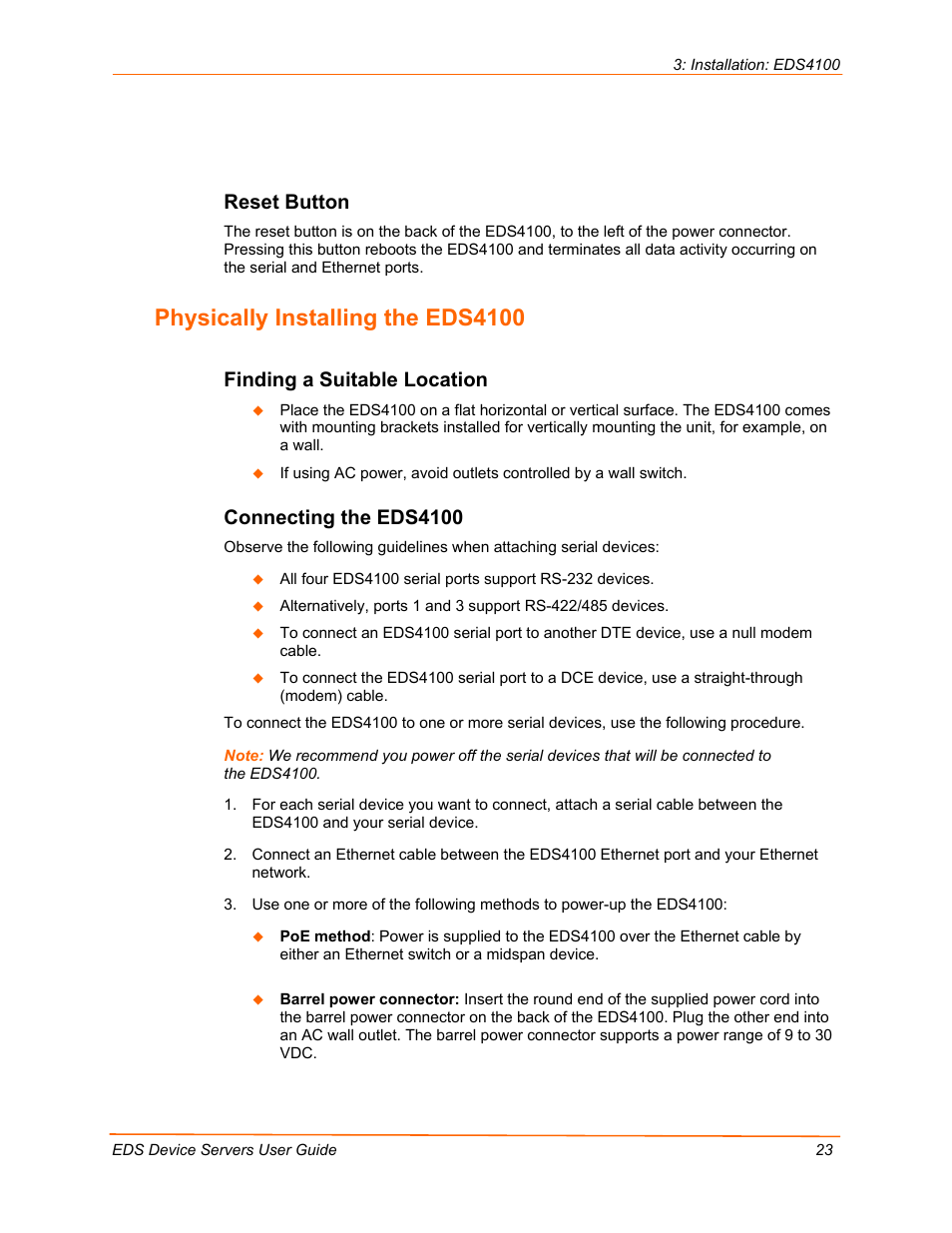 Physically installing the eds4100, Reset button, Finding a suitable location | Connecting the eds4100 | Lantronix Data Center-Grade Evolution Device Server EDS32PR User Manual | Page 23 / 158