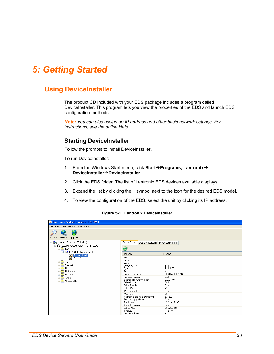 Getting started, Using deviceinstaller, Starting deviceinstaller | Figure 5-1. lantronix deviceinstaller | Lantronix Data Center-Grade Evolution Device Server EDS32PR User Manual | Page 30 / 158