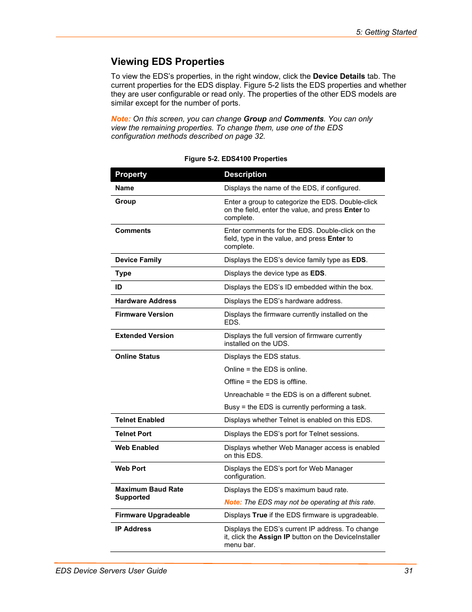 Viewing eds properties, Figure 5-2. eds4100 properties | Lantronix Data Center-Grade Evolution Device Server EDS32PR User Manual | Page 31 / 158