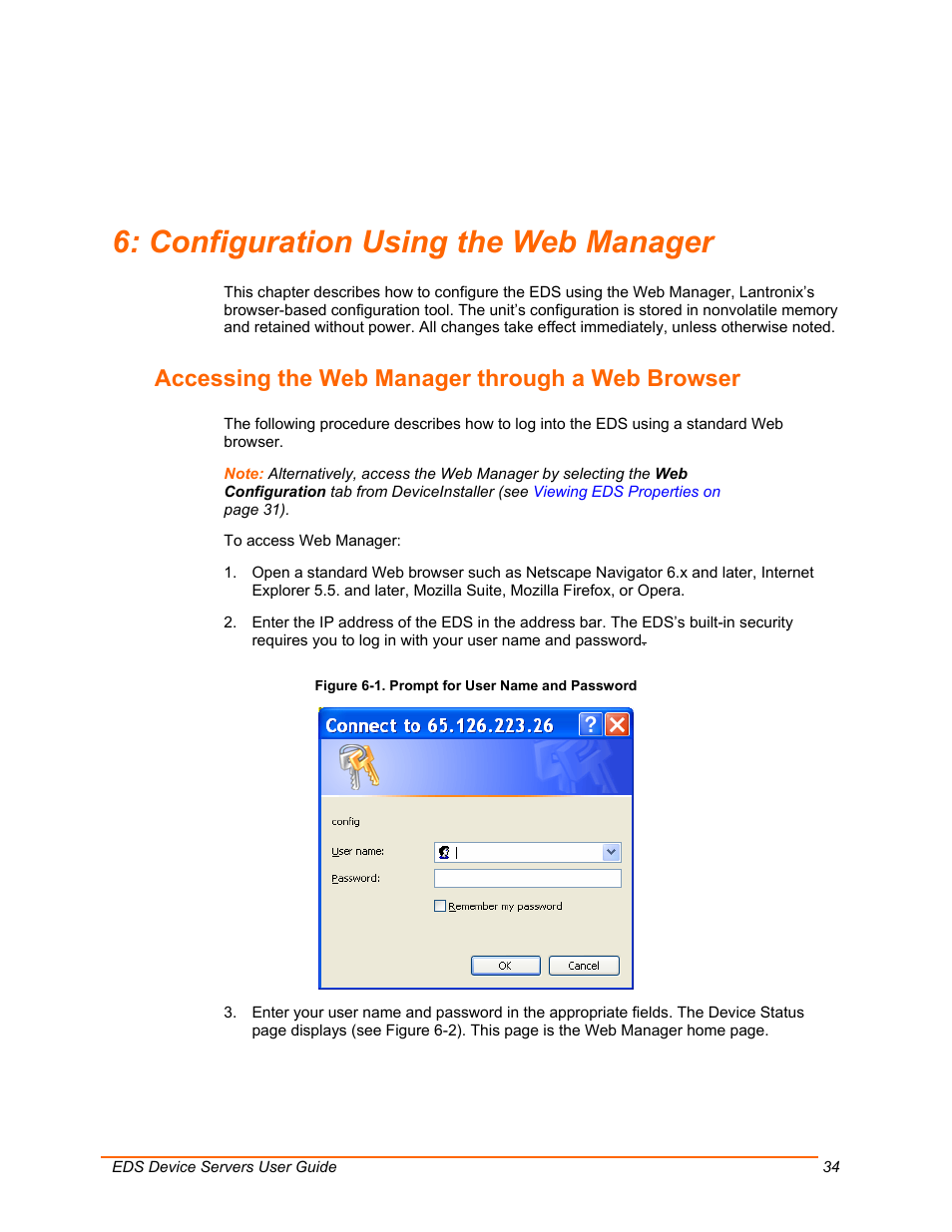 Configuration using the web manager, Accessing the web manager through a web browser, Figure 6-1. prompt for user name and password | Lantronix Data Center-Grade Evolution Device Server EDS32PR User Manual | Page 34 / 158