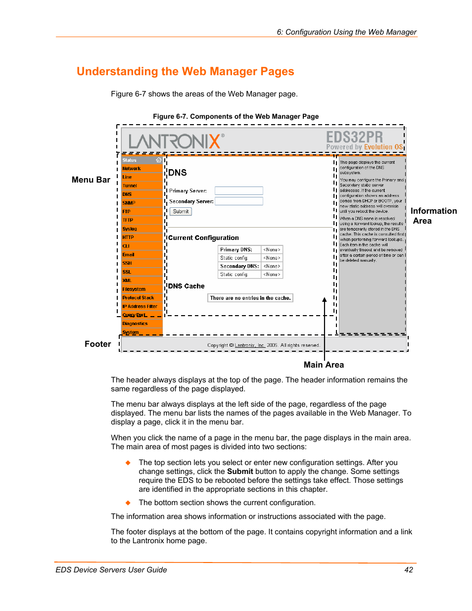 Understanding the web manager pages | Lantronix Data Center-Grade Evolution Device Server EDS32PR User Manual | Page 42 / 158