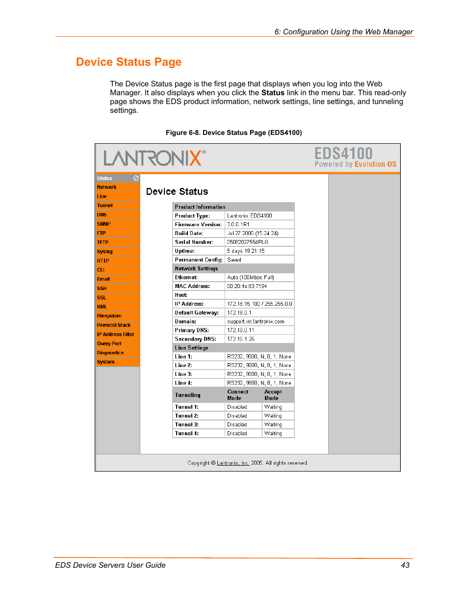 Device status page | Lantronix Data Center-Grade Evolution Device Server EDS32PR User Manual | Page 43 / 158