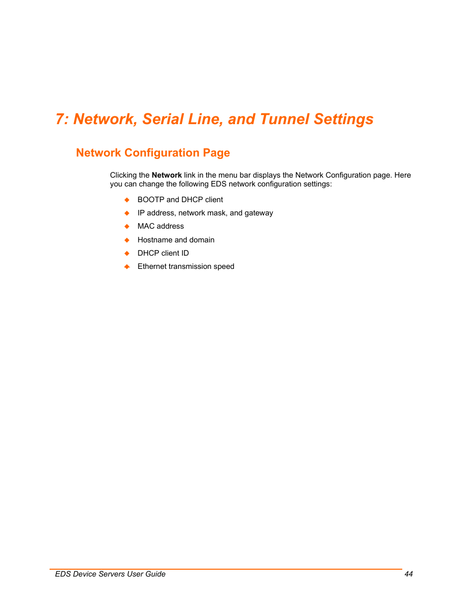 Network, serial line, and tunnel settings, Network configuration page | Lantronix Data Center-Grade Evolution Device Server EDS32PR User Manual | Page 44 / 158
