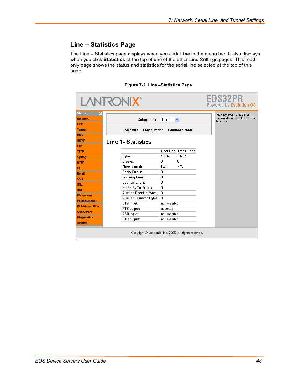 Line – statistics page | Lantronix Data Center-Grade Evolution Device Server EDS32PR User Manual | Page 48 / 158