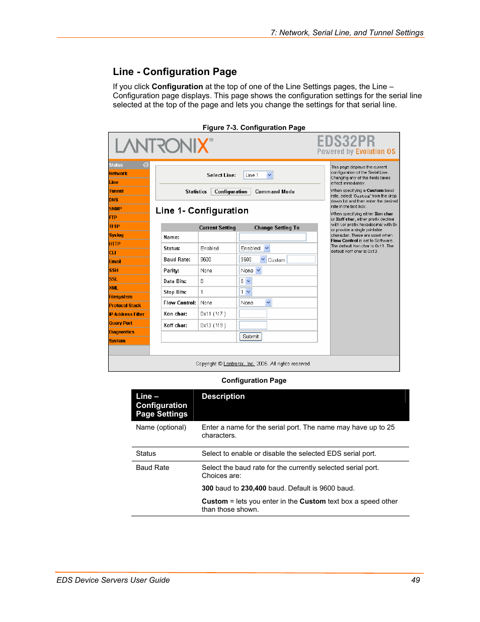 Line - configuration page | Lantronix Data Center-Grade Evolution Device Server EDS32PR User Manual | Page 49 / 158