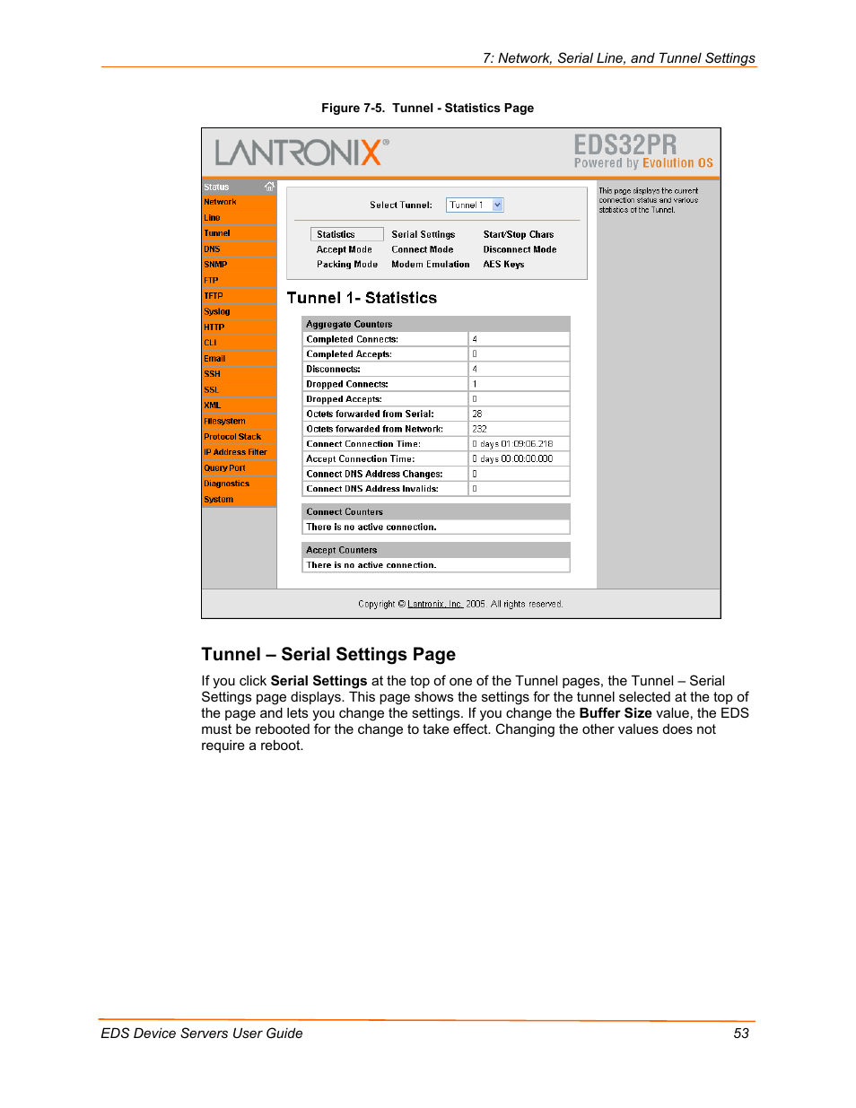 Tunnel – serial settings page | Lantronix Data Center-Grade Evolution Device Server EDS32PR User Manual | Page 53 / 158