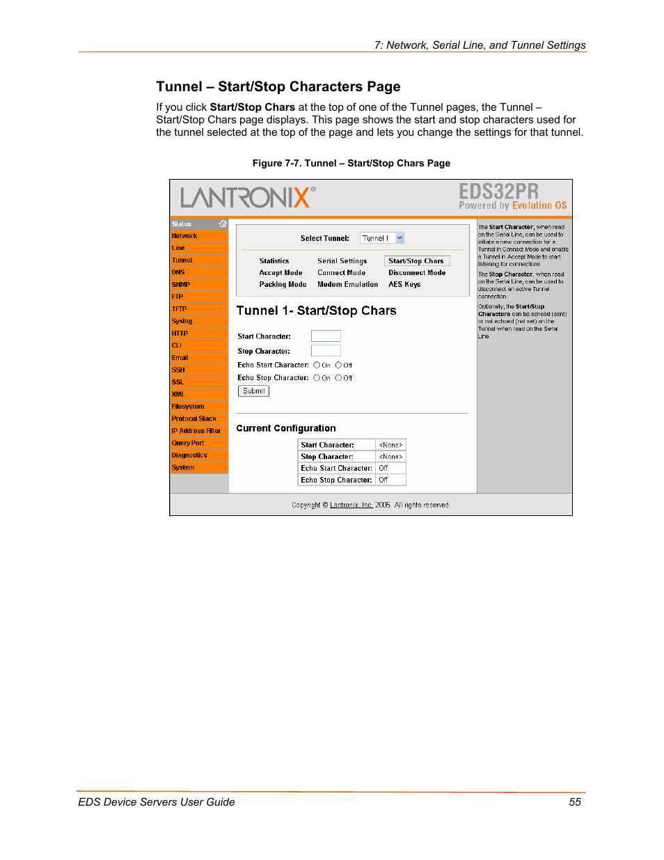 Tunnel – start/stop characters page | Lantronix Data Center-Grade Evolution Device Server EDS32PR User Manual | Page 55 / 158