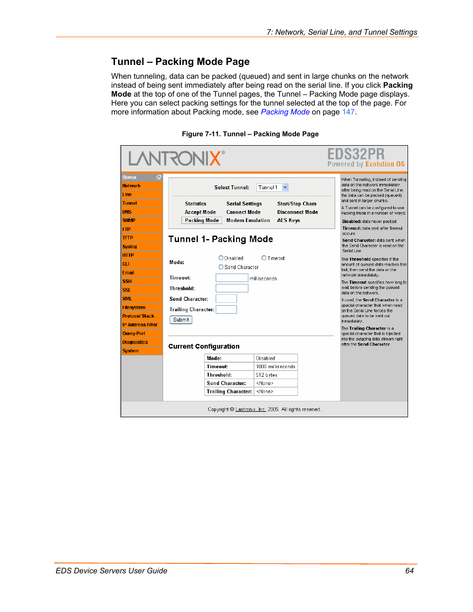 Tunnel – packing mode page | Lantronix Data Center-Grade Evolution Device Server EDS32PR User Manual | Page 64 / 158