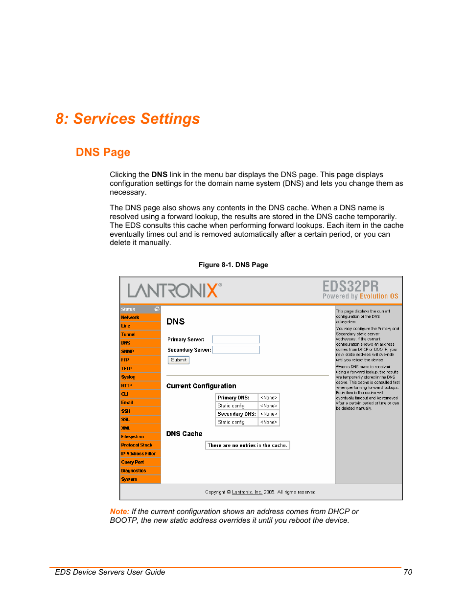 Services settings, Dns page | Lantronix Data Center-Grade Evolution Device Server EDS32PR User Manual | Page 70 / 158