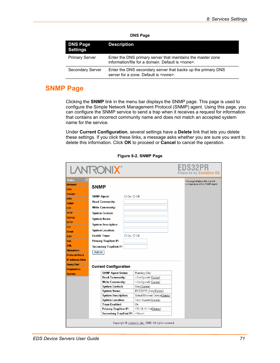 Snmp page | Lantronix Data Center-Grade Evolution Device Server EDS32PR User Manual | Page 71 / 158