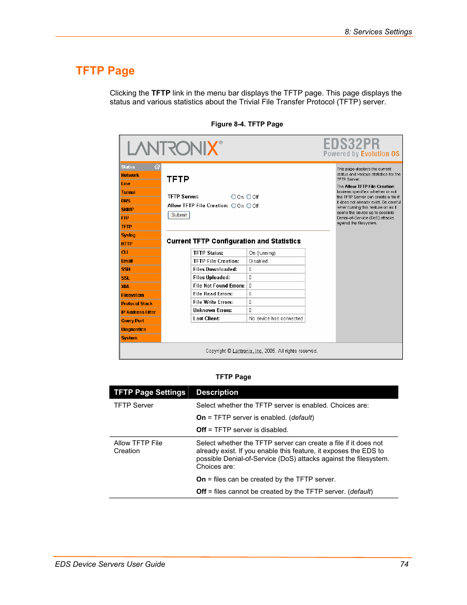 Tftp page | Lantronix Data Center-Grade Evolution Device Server EDS32PR User Manual | Page 74 / 158