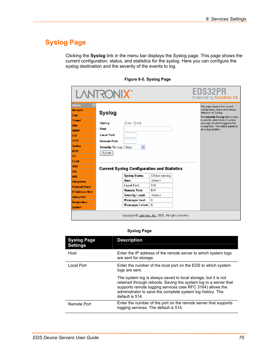Syslog page | Lantronix Data Center-Grade Evolution Device Server EDS32PR User Manual | Page 75 / 158