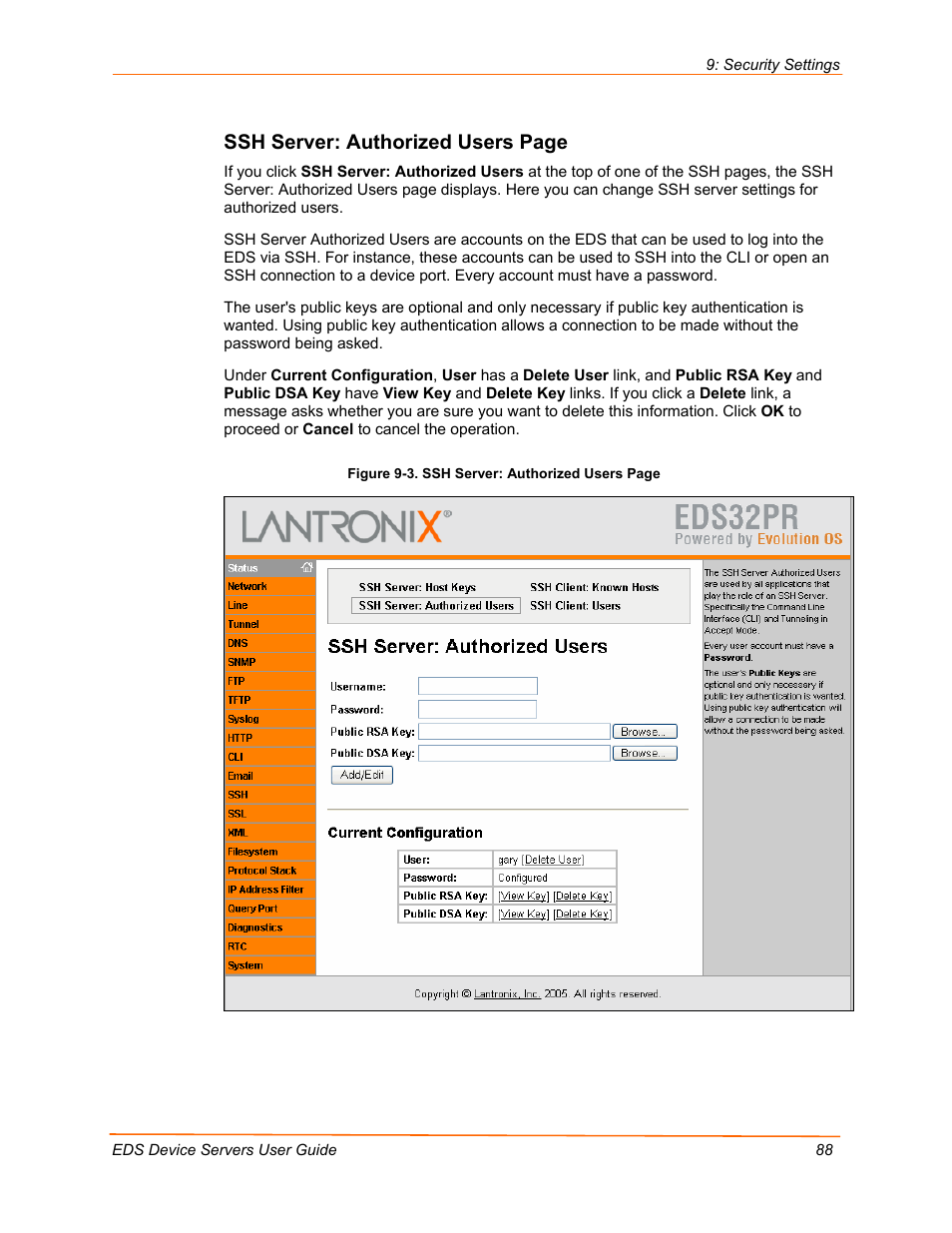 Ssh server: authorized users page | Lantronix Data Center-Grade Evolution Device Server EDS32PR User Manual | Page 88 / 158
