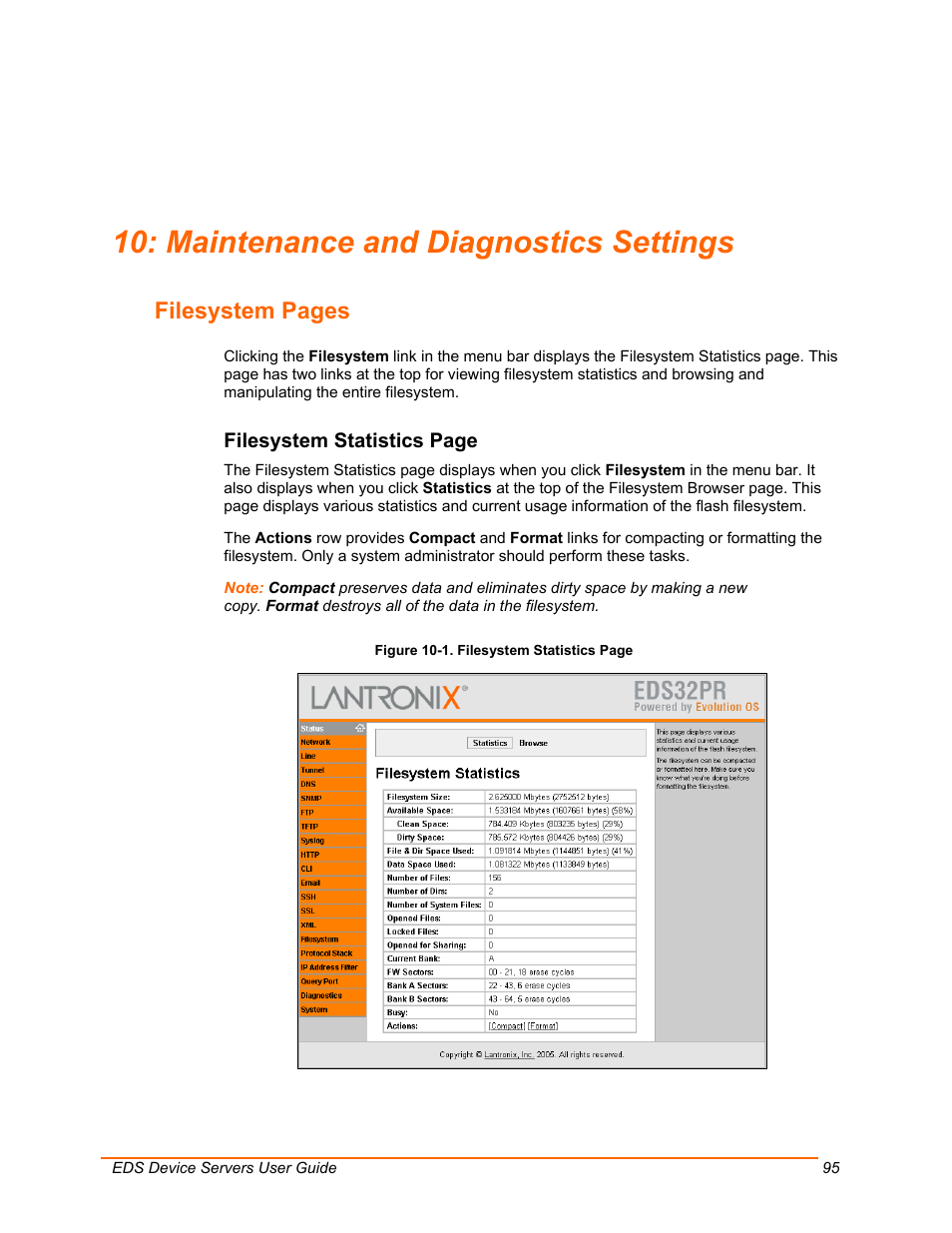 Maintenance and diagnostics settings, Maintenance and diagnostics, Filesystem pages | Lantronix Data Center-Grade Evolution Device Server EDS32PR User Manual | Page 95 / 158
