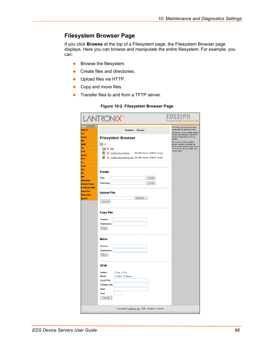 Filesystem browser page | Lantronix Data Center-Grade Evolution Device Server EDS32PR User Manual | Page 96 / 158